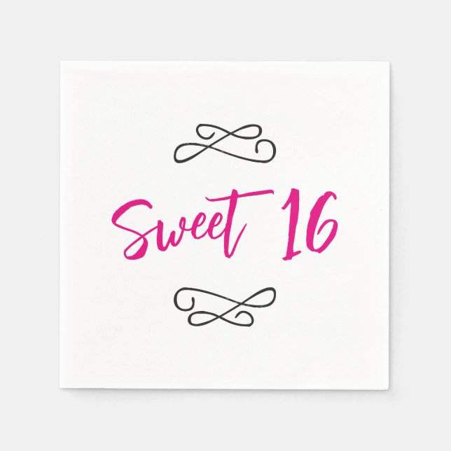 Hot Pink Chic Doodle Modern Script Sweet 16 Napkins (Front)