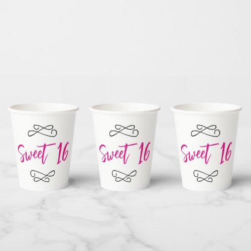 Hot Pink Chic Doodle Modern Script Sweet 16 Paper Cups