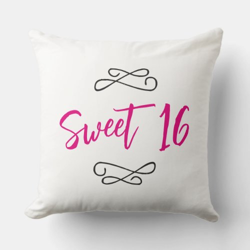 Hot Pink Chic Doodle Modern Script Sweet 16 Throw Pillow
