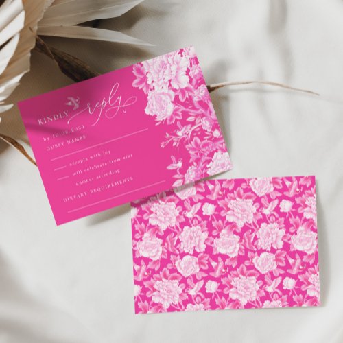 Hot Pink Chinoiserie Flower Garden Wedding RSVP Card