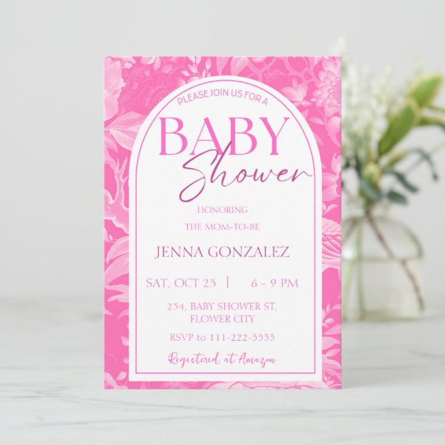 Hot Pink Chinoiserie Girl Baby Shower Invitation (Standing Front)