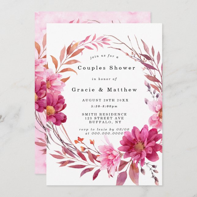 Hot Pink Chrysanthemum Couples Shower Invitations (Front/Back)