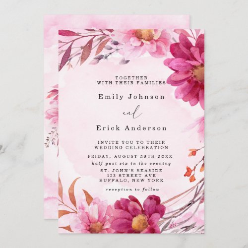 Hot Pink Chrysanthemum Floral Wedding Invitation