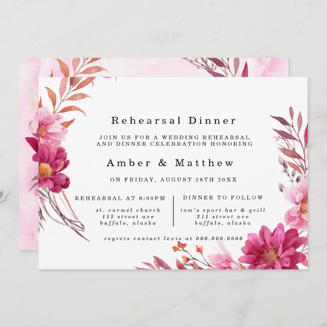 Hot Pink Chrysanthemum Rehearsal Dinner Invitation (Front/Back)