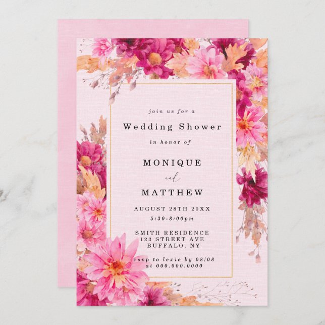 Hot Pink Chrysanthemum Wedding Shower Invitations (Front/Back)