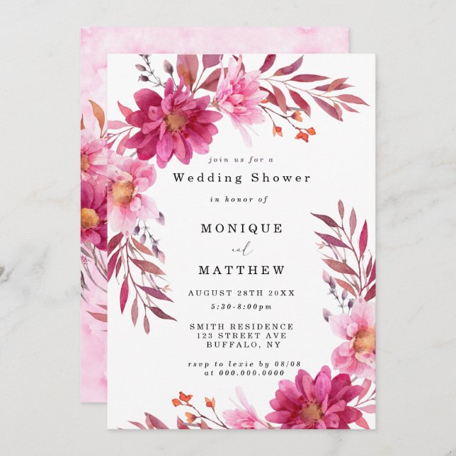 Hot Pink Chrysanthemum Wedding Shower Invitations (Front/Back)