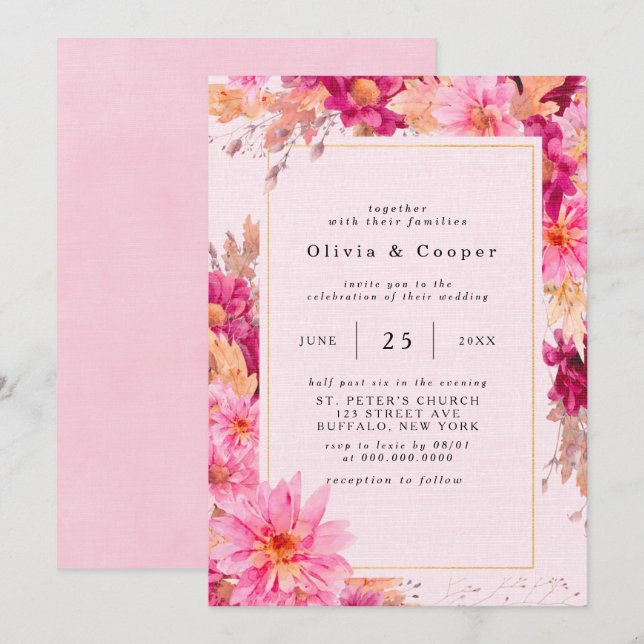 Hot Pink Chrysanthemum Wreath Wedding Invitation (Front/Back)