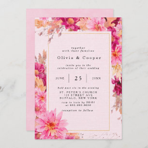 Hot Pink Chrysanthemum Wreath Wedding Invitation