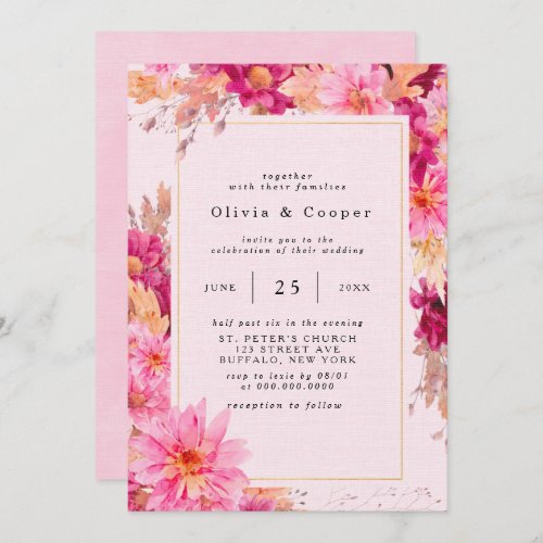 Hot Pink Chrysanthemum Wreath Wedding Invitation