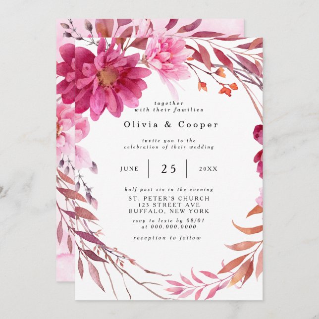 Hot Pink Chrysanthemum Wreath Wedding Invitation (Front/Back)