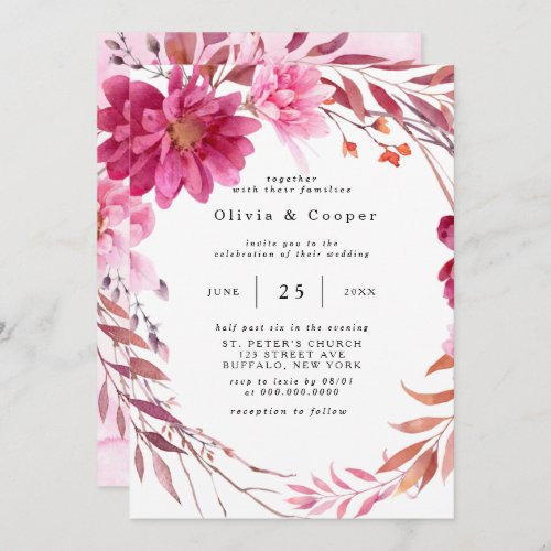Hot Pink Chrysanthemum Wreath Wedding Invitation