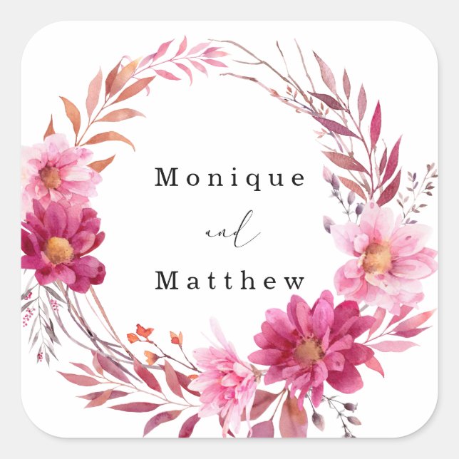 Hot Pink Chrysanthemum Wreath Wedding Square Sticker (Front)