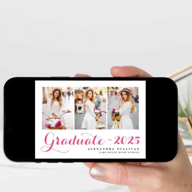 Hot Pink Class of 2025 Photo Collage Graduation Announcement (Front Digital)