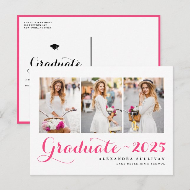Hot Pink Class of 2026 Photo Collage Graduation   Announcement Postcard (Front/Back)