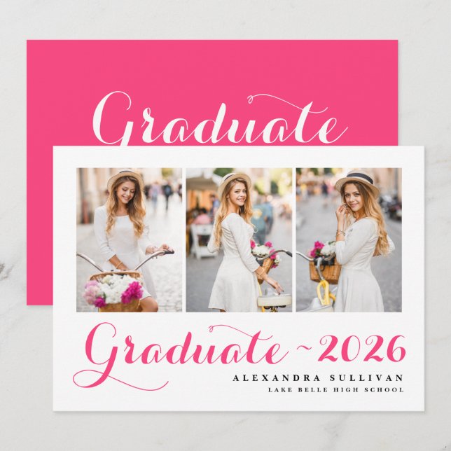 Hot Pink Class of 2026 Photo Collage Graduation Invitation (Front/Back)