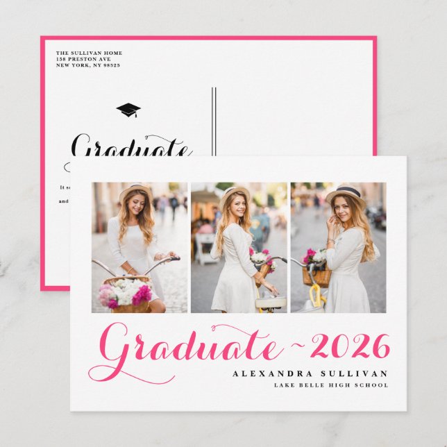Hot Pink Class of 2026 Photo Collage Graduation Invitation Postcard (Front/Back)