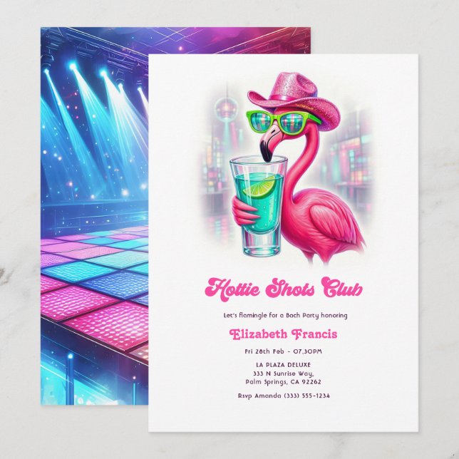 Hot Pink Club Flamingo Disco Cowgirl Bachelorette Invitation (Front/Back)