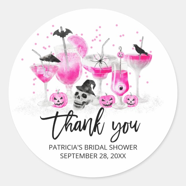 Hot Pink Cocktails Halloween Bridal Shower  Classic Round Sticker (Front)