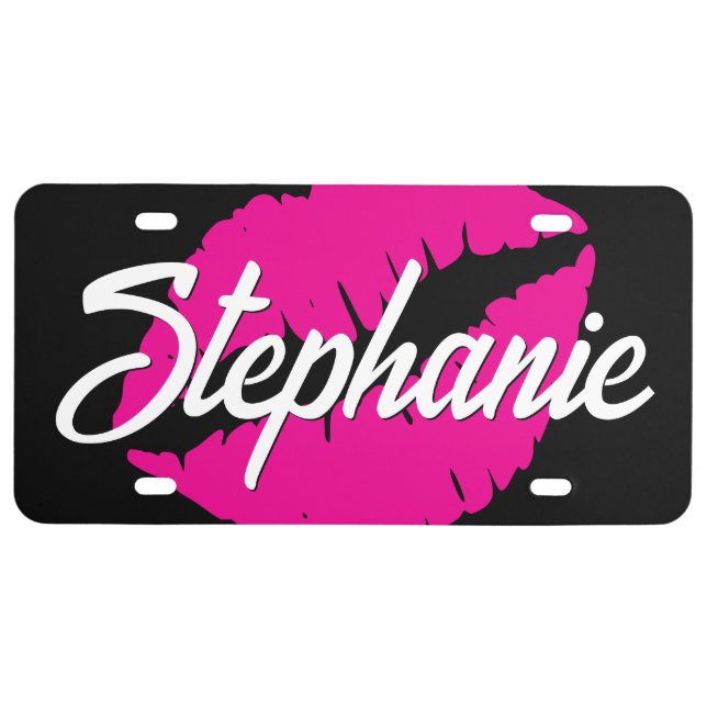 Hot Pink Color Lipstick White and Black License Plate (Front)