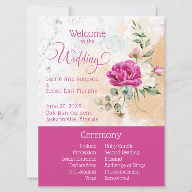 Hot Pink Color Splash Wedding Program (Front)