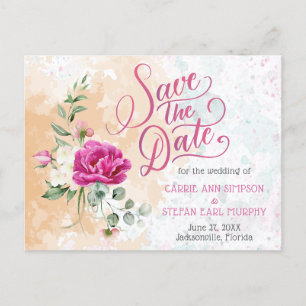 Hot Pink Color Splash Wedding Save the Date Postcard