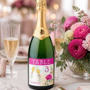Hot Pink Color Splash Wedding Table Number Sparkling Wine Label