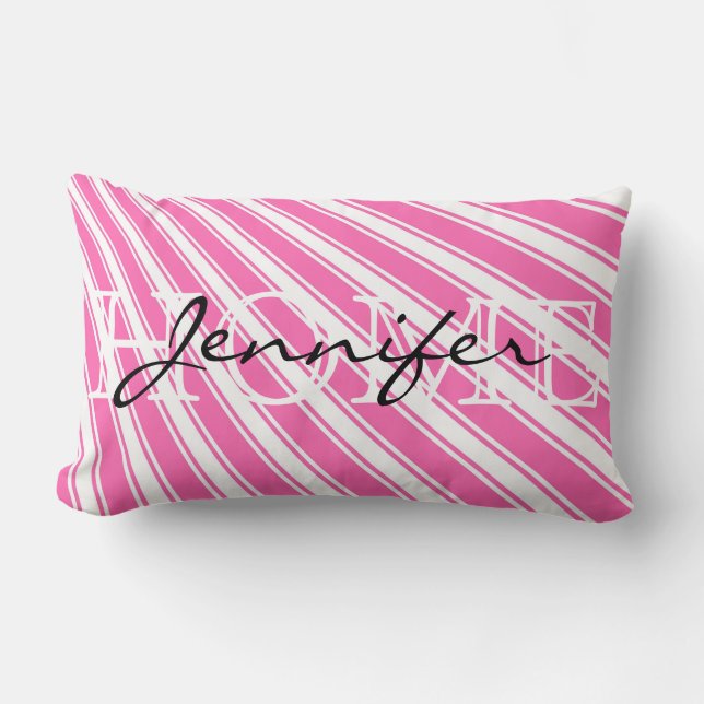 Hot pink Color Stripe Pattern Home Monogram Lumbar Pillow (Front)