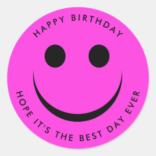 Hot Pink Colorful Happy Face Birthday Classic Round Sticker