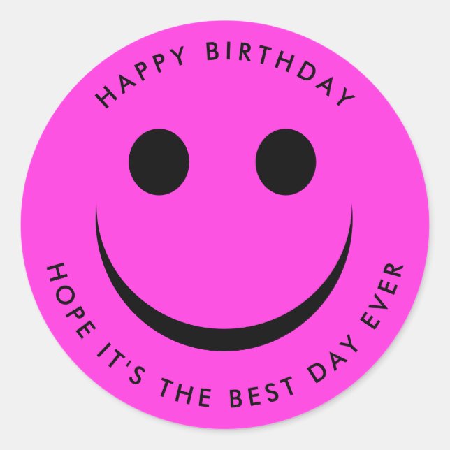 Hot Pink Colorful Happy Face Birthday Classic Round Sticker (Front)