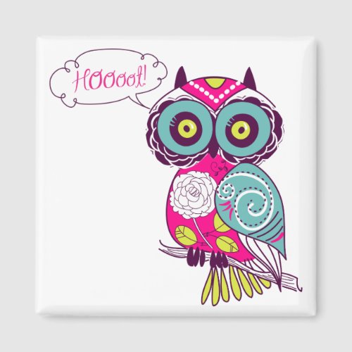 Hot Pink Colorful Ornate Retro Floral Owl Magnet