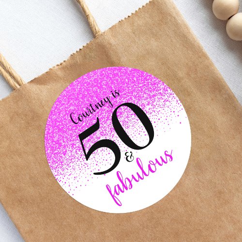 Hot pink confetti glitter script 50 and fabulous classic round sticker