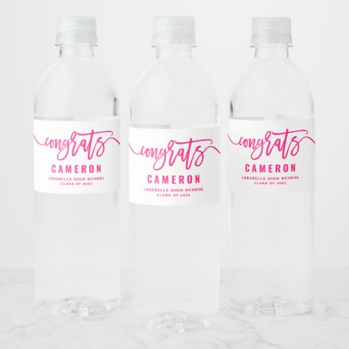 Hot Pink Congrats Modern Calligraphy Graduation Water Bottle Label