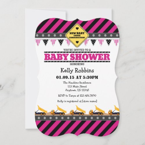 Hot Pink Construction Baby Shower Invitation