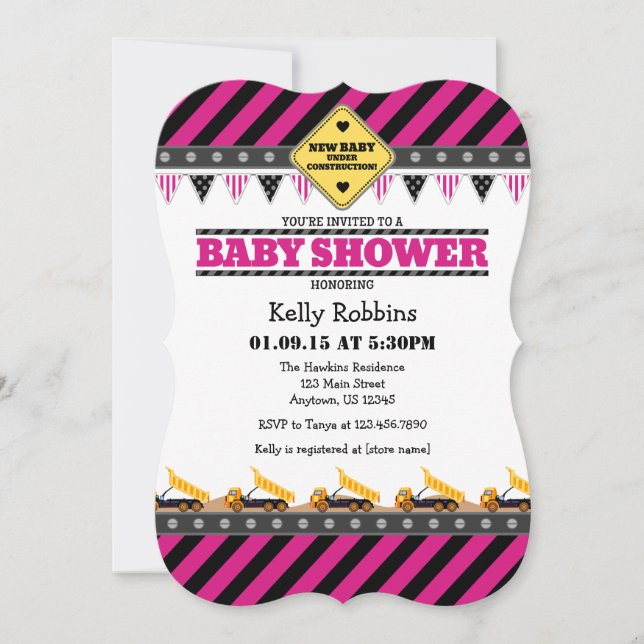 Hot Pink Construction Baby Shower Invitation (Front)