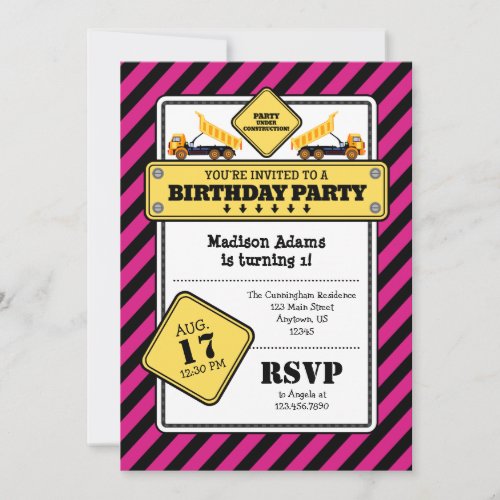 Hot Pink Construction Birthday Invitation