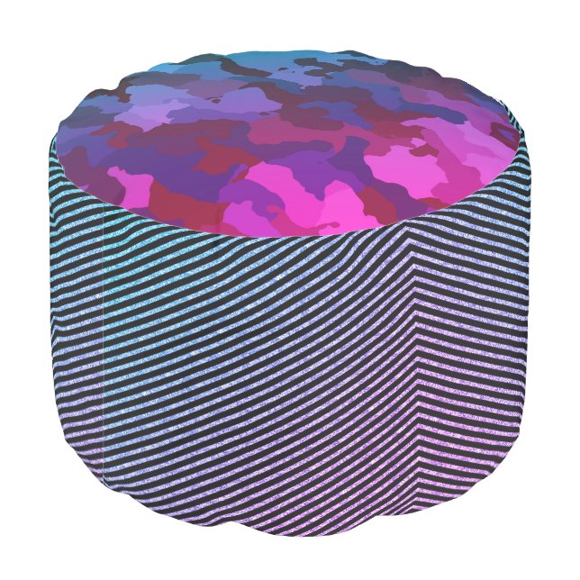 Hot pink cool blue glitter camo pouf (Angled Back)