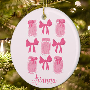 Hot Pink Coquette Pickle Jar and Bow Personalized Ceramic Ornament