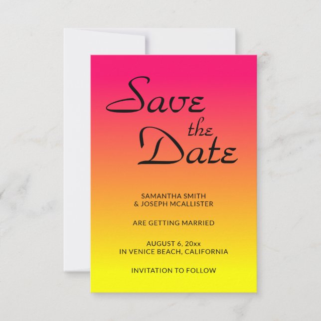 Hot Pink Coral and Yellow Ombre Save the Date Invitation (Front)