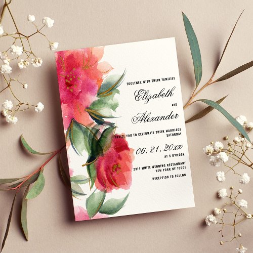Hot pink coral forest green gold roses wedding invitation