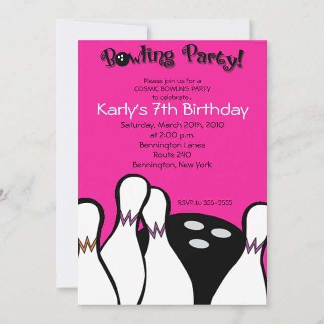 HOT PINK Cosmic Bowling Birthday Invitation 5x7 (Front)