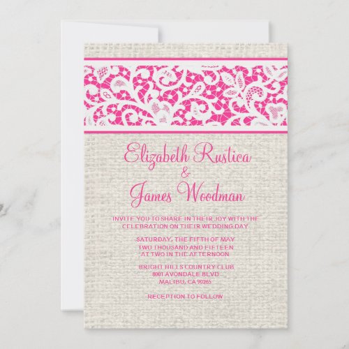 Hot Pink Country Burlap Linen Wedding Invitations