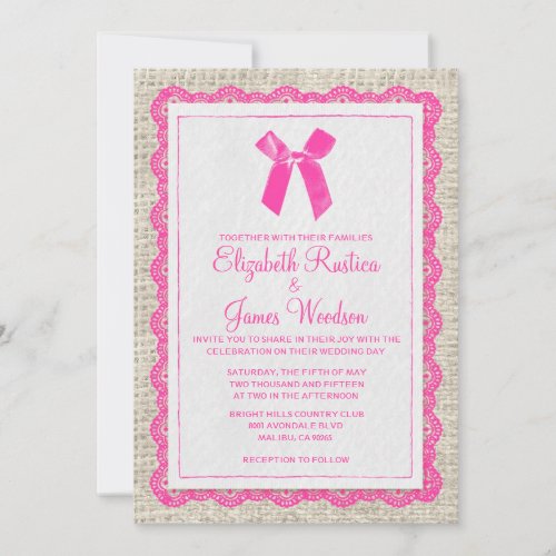 Hot Pink Country Burlap Wedding Invitations