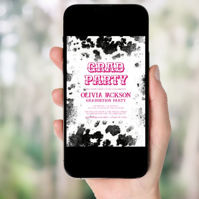 Hot Pink Cow Print Chic Rustic Graduation Party Invitation (Front Digital)