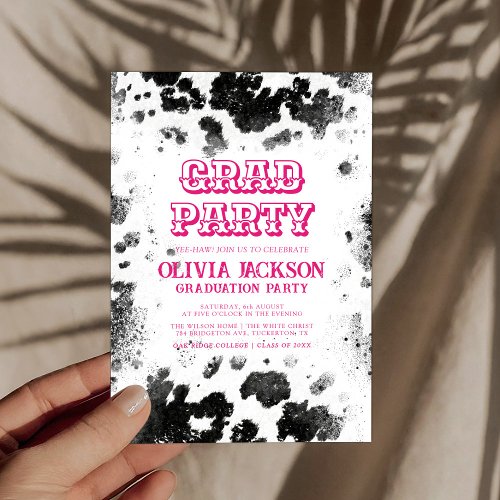 Hot Pink Cow Print Chic Rustic Graduation Party Invitation