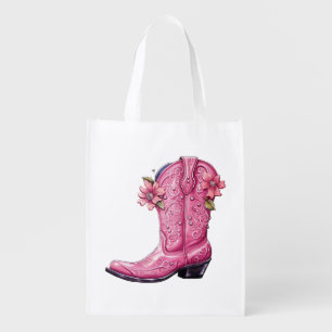 Hot Pink Cowgirl Boot Howdy Grocery Bag