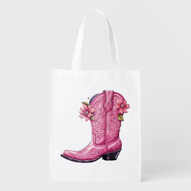 Hot Pink Cowgirl Boot Howdy Grocery Bag (Front)