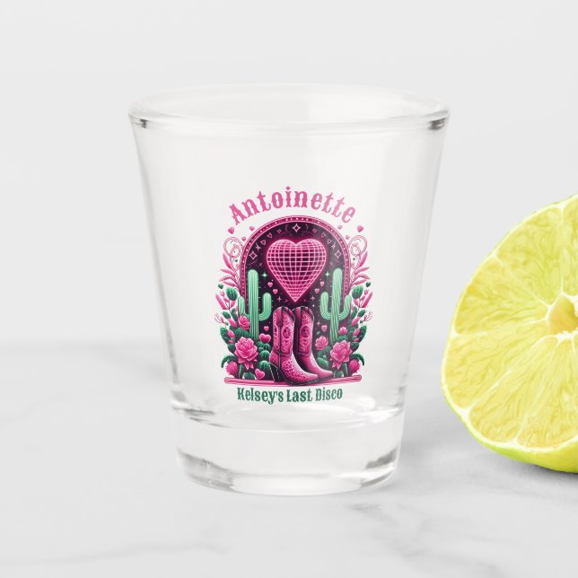 Hot Pink Cowgirl Boots & Disco Ball Bachelorette Shot Glass (Front)