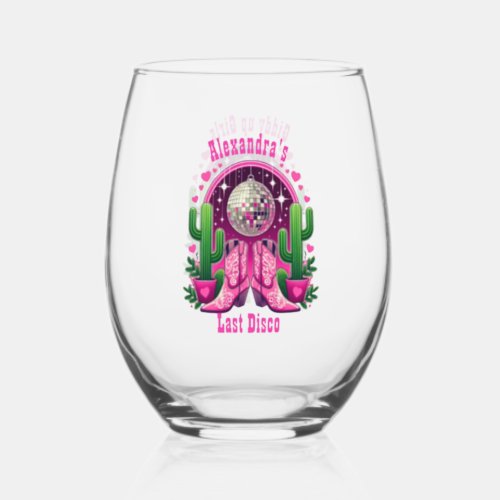Hot Pink Cowgirl Boots  Disco Ball Bachelorette Stemless Wine Glass
