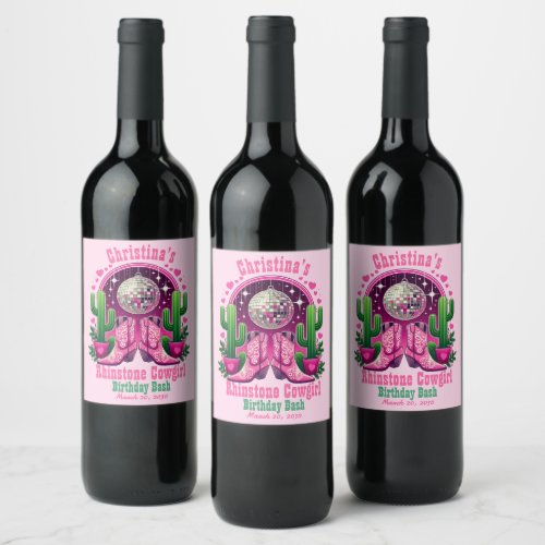 Hot Pink Cowgirl Boots  Disco Ball Bachelorette Wine Label