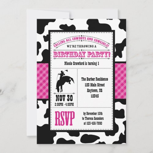 Hot Pink Cowhide Cowboy Birthday Invitation